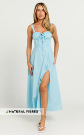 Maiya Midi Dress - Tie Front Fitted Bodice Dress in Blue